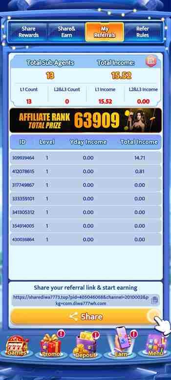 Diwa777 Refer Bonus Dashboard